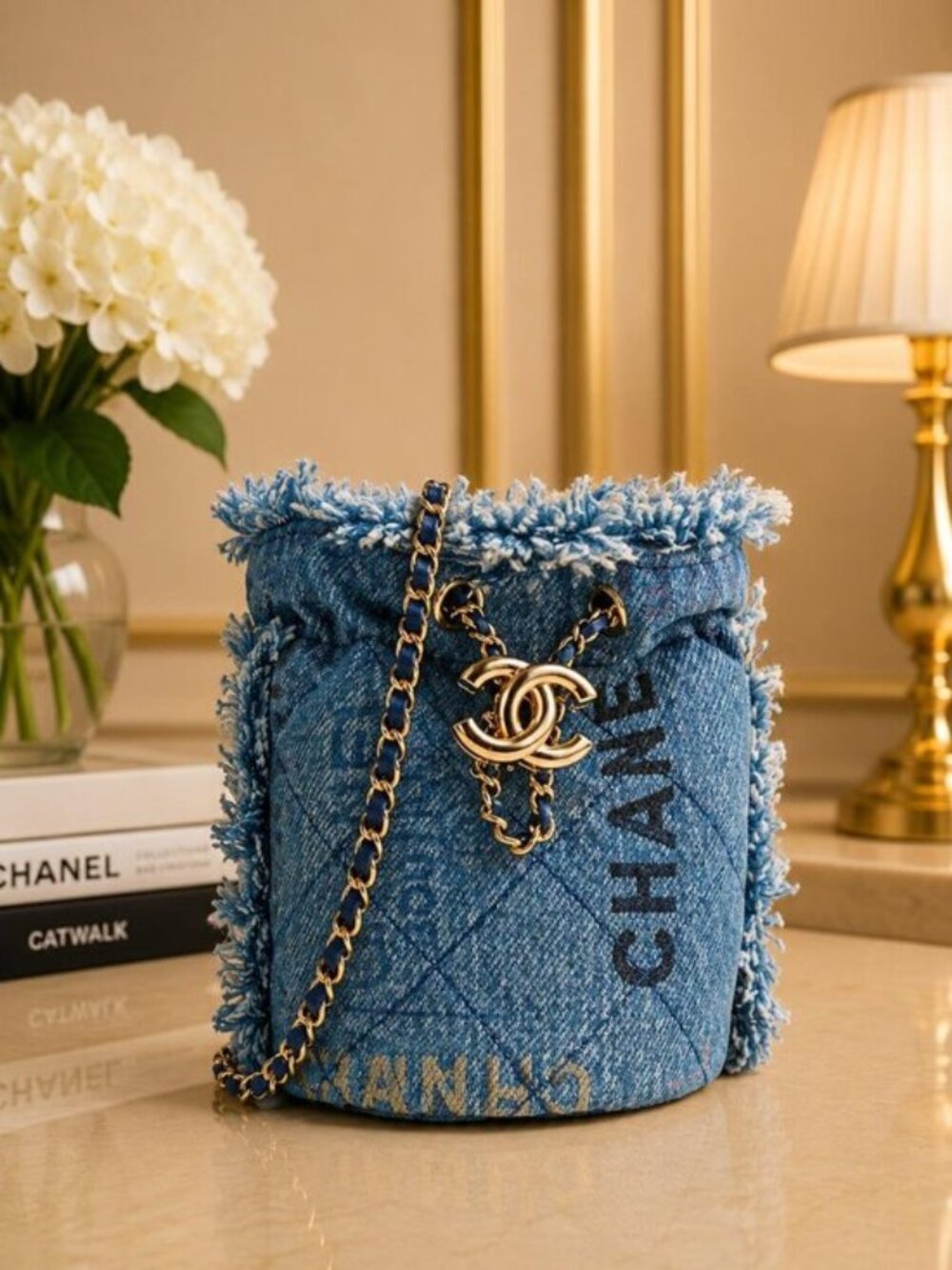 Authentic Chanel Gabrielle Blue Denim Bucket Drawstring Shoulder Bag